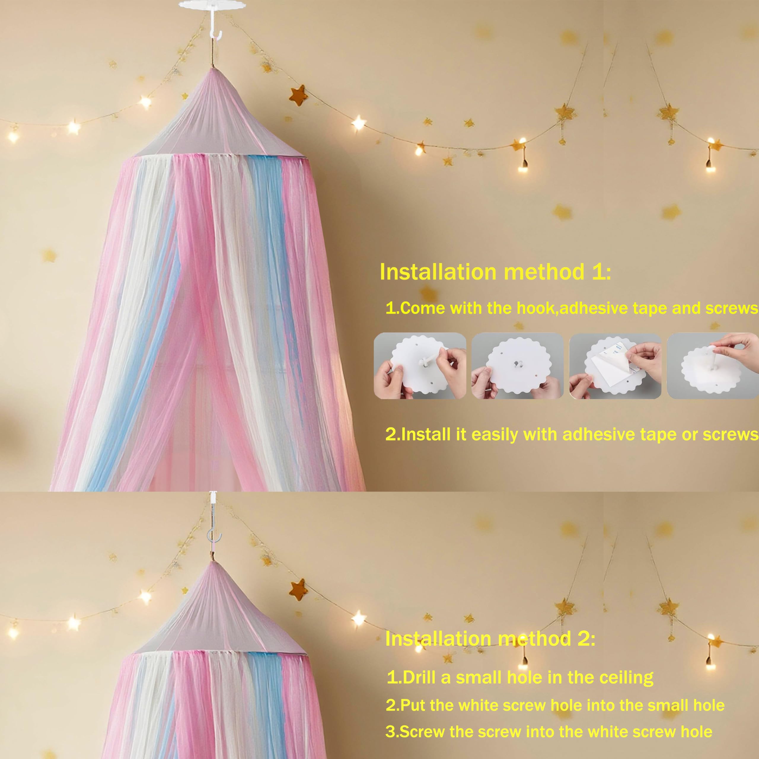 Wnqou Rainbow Bed Canopy installation kit demonstrates easy hanging with included hardware