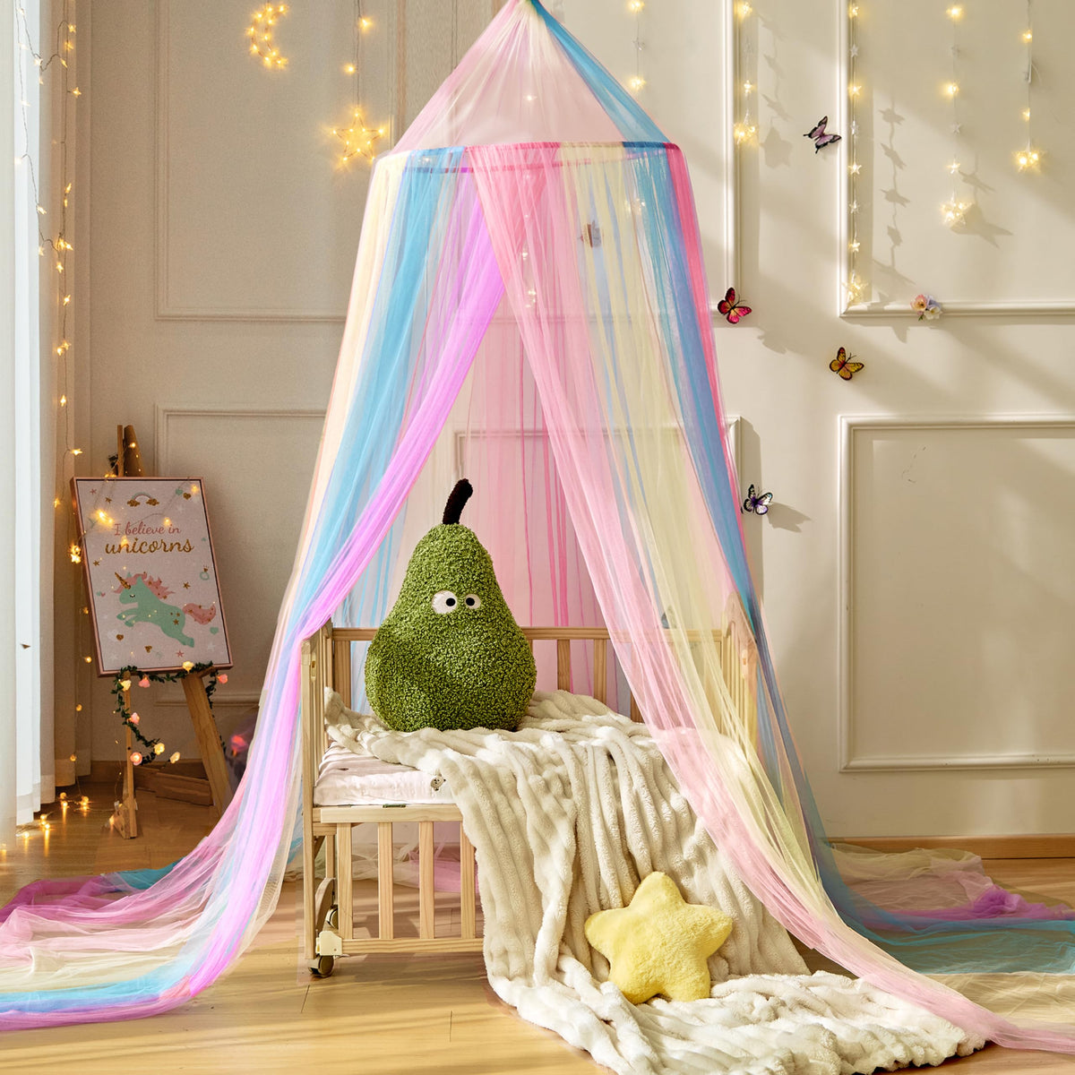 Wnqou Rainbow Bed Canopy top view highlights airy fabric for a dreamy kids room space