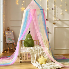 Wnqou Rainbow Bed Canopy top view highlights airy fabric for a dreamy kids room space