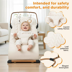 Removable wooden bar with toys on the Wnttmt bouncer inviting grasping activity
