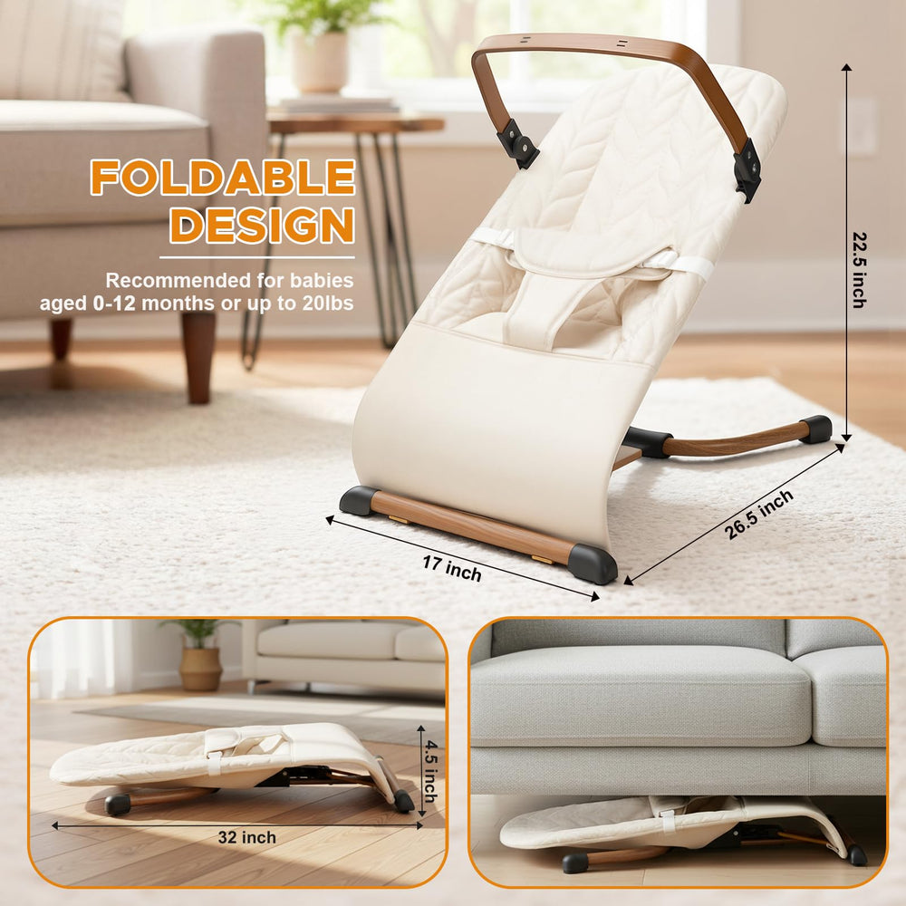Wood-grain base and leaf-pattern seat on the Wnttmt bouncer blend with decor