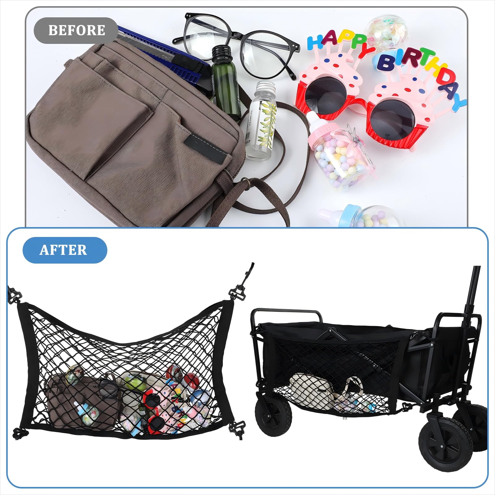 Woanger wagon cargo net in-car storage organizes trunk space.