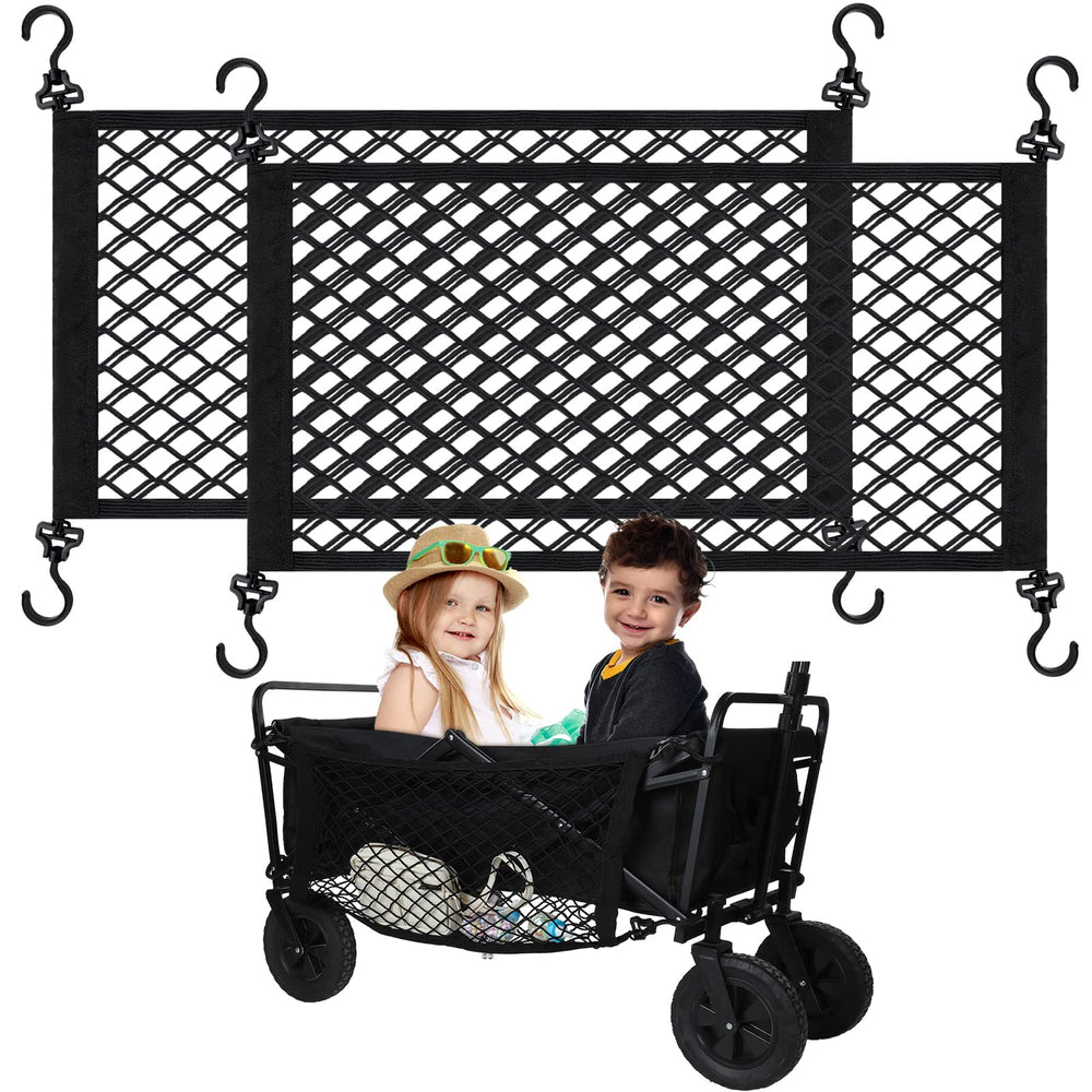 Woanger wagon cargo net two-piece setup for instant stroller wagon storage.