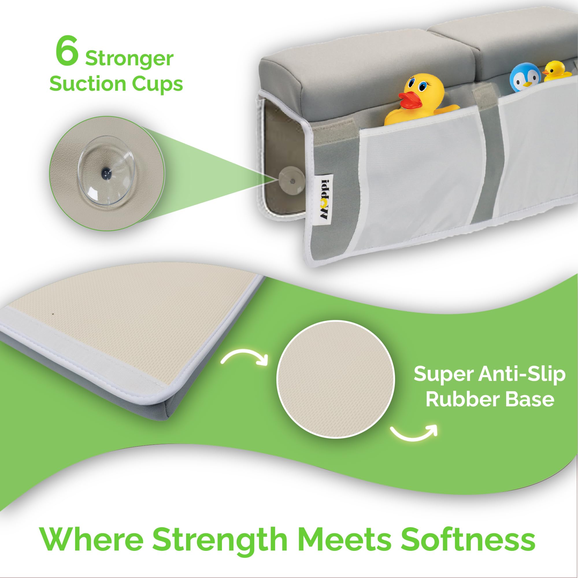 Wobbi kneeler with six suction cups ensures secure bathtub grip.