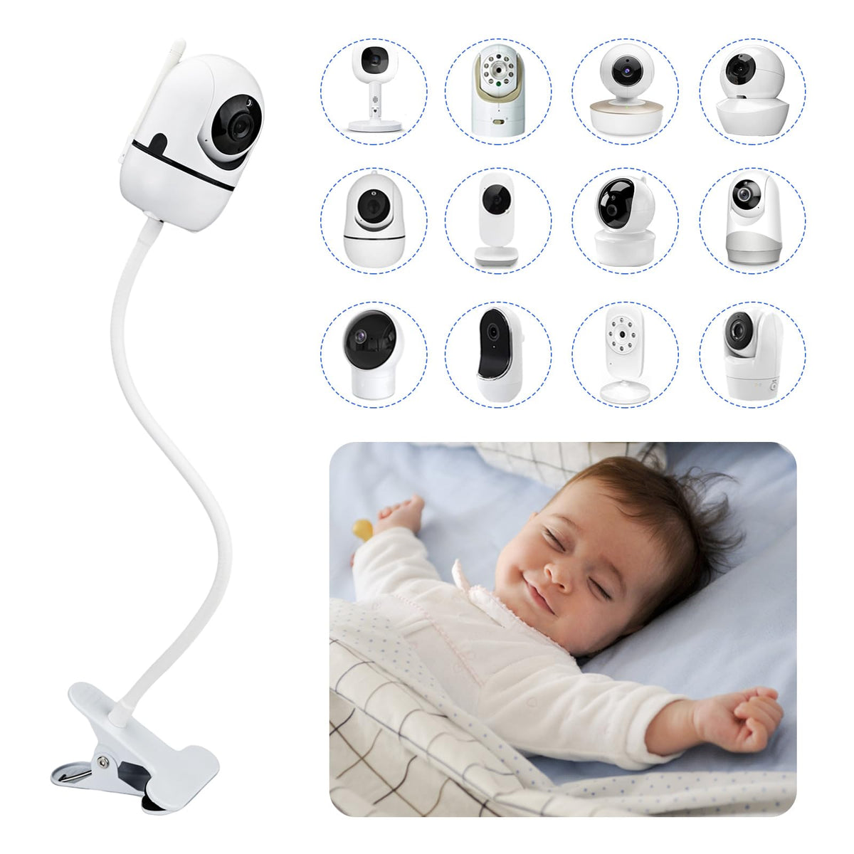Wochel flexible clip mount on crib for hands-free baby monitoring
