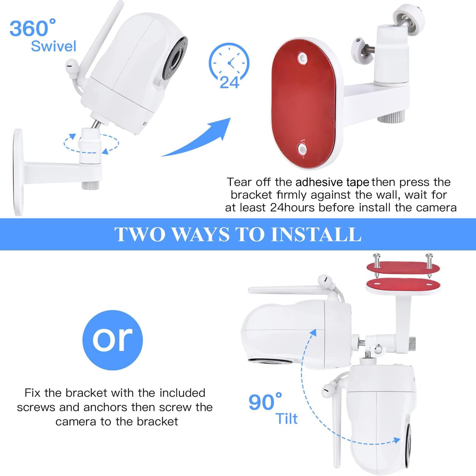 Wochel installation options include screws or adhesive tape.