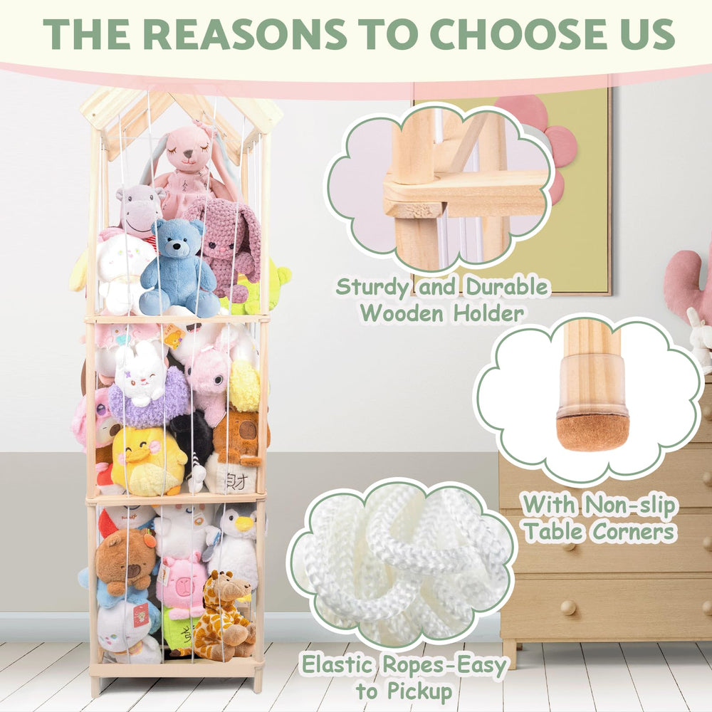 WodGod wooden stuffed animal organizer provides safe, sturdy display.