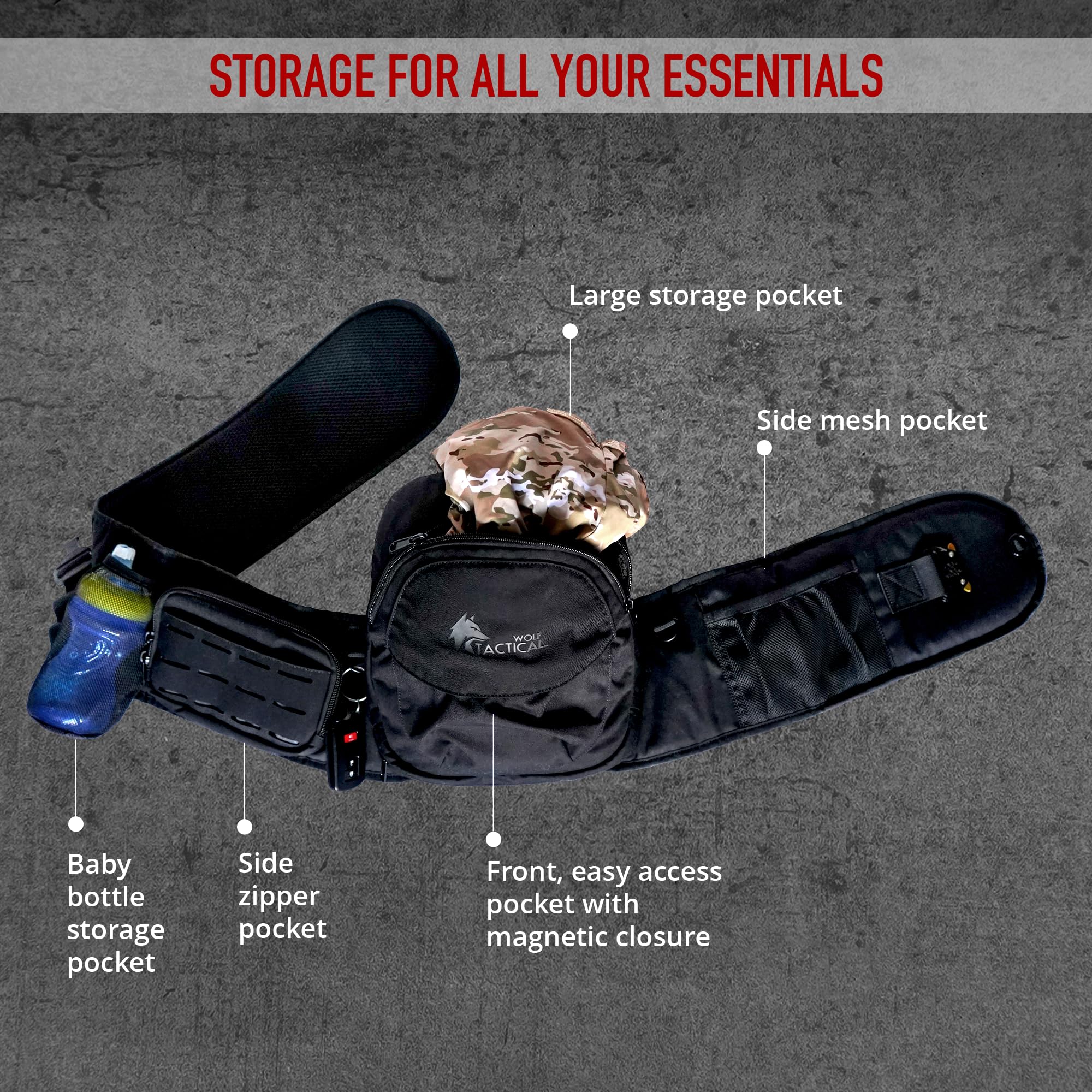 Wolf Tactical storage pockets hold diapers bottles keys for on-the-go
