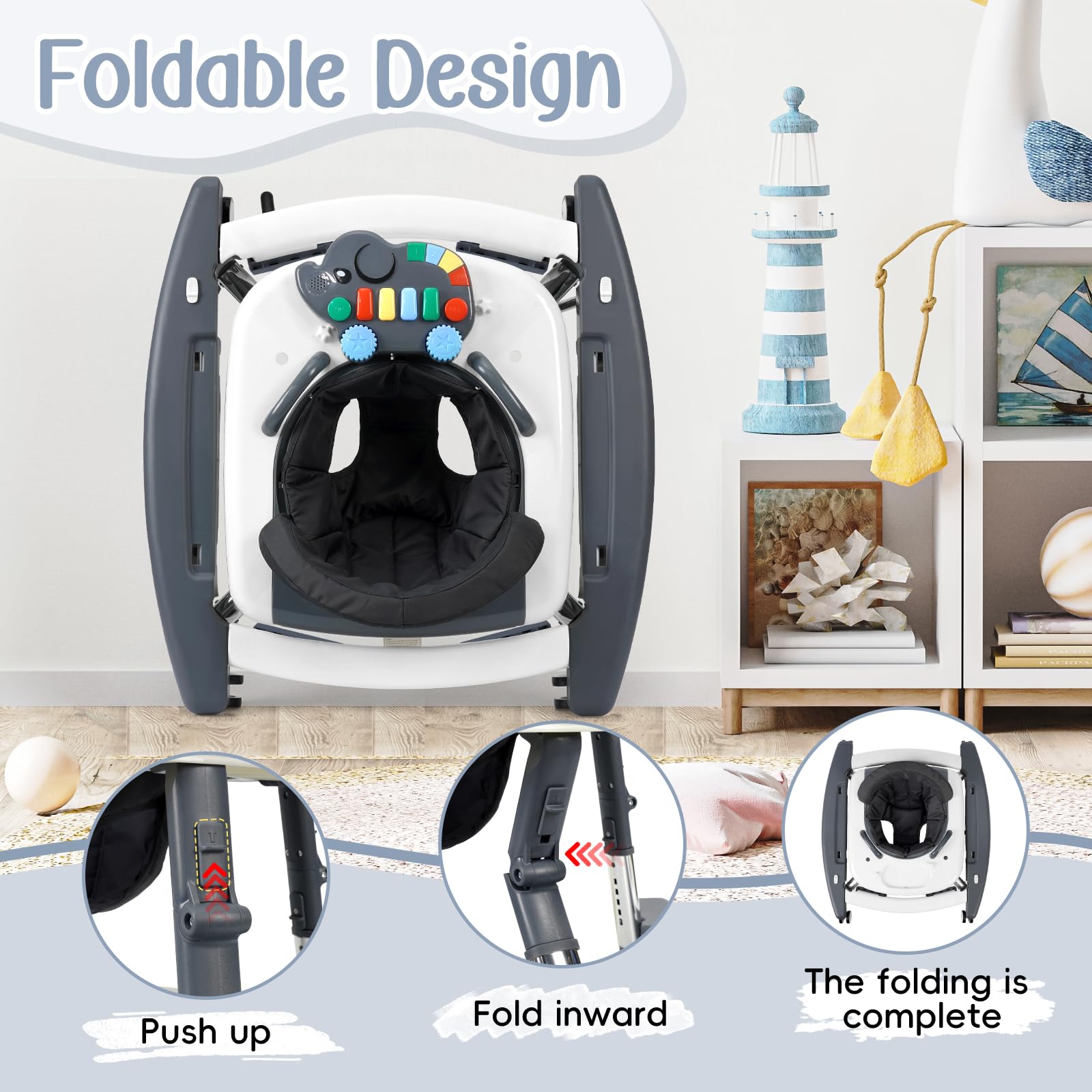Wolfcode activity center with music and toys to engage babies during play.
