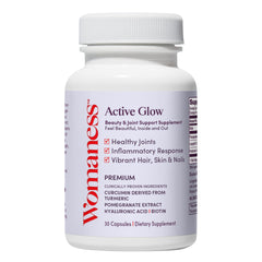 Womaness Active Glow bottle front for daily hair, skin, and nails support.