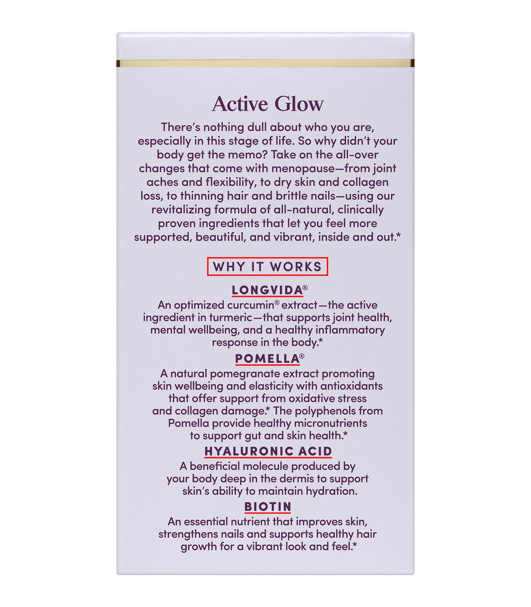 Close-up of Active Glow capsules highlighting biotin and hyaluronic acid benefits.