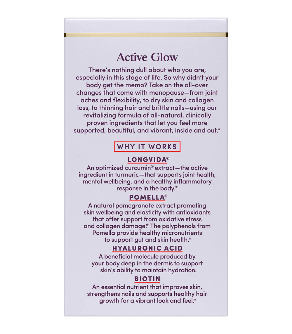 Close-up of Active Glow capsules highlighting biotin and hyaluronic acid benefits.