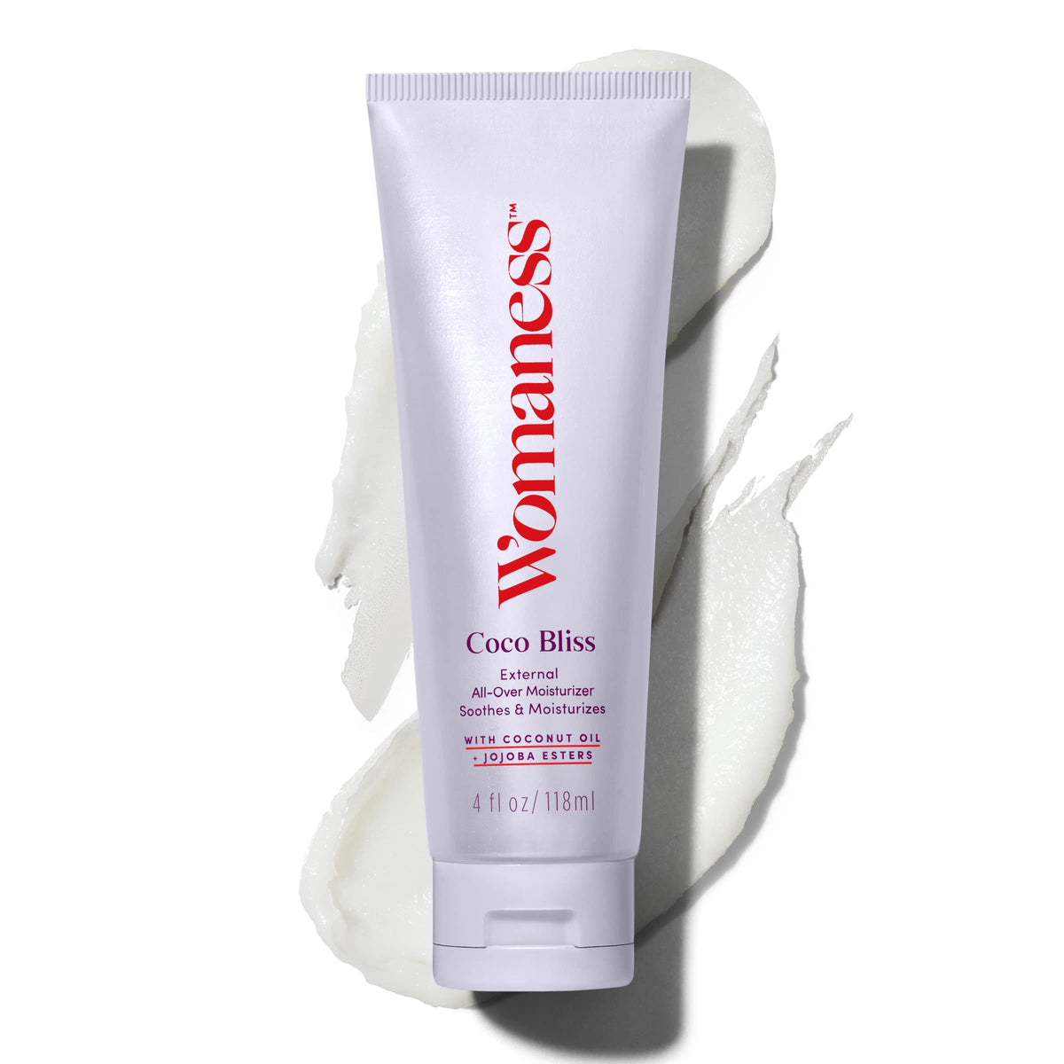 Womaness Coco Bliss bottle closeup highlighting creamy hydration for daily comfort