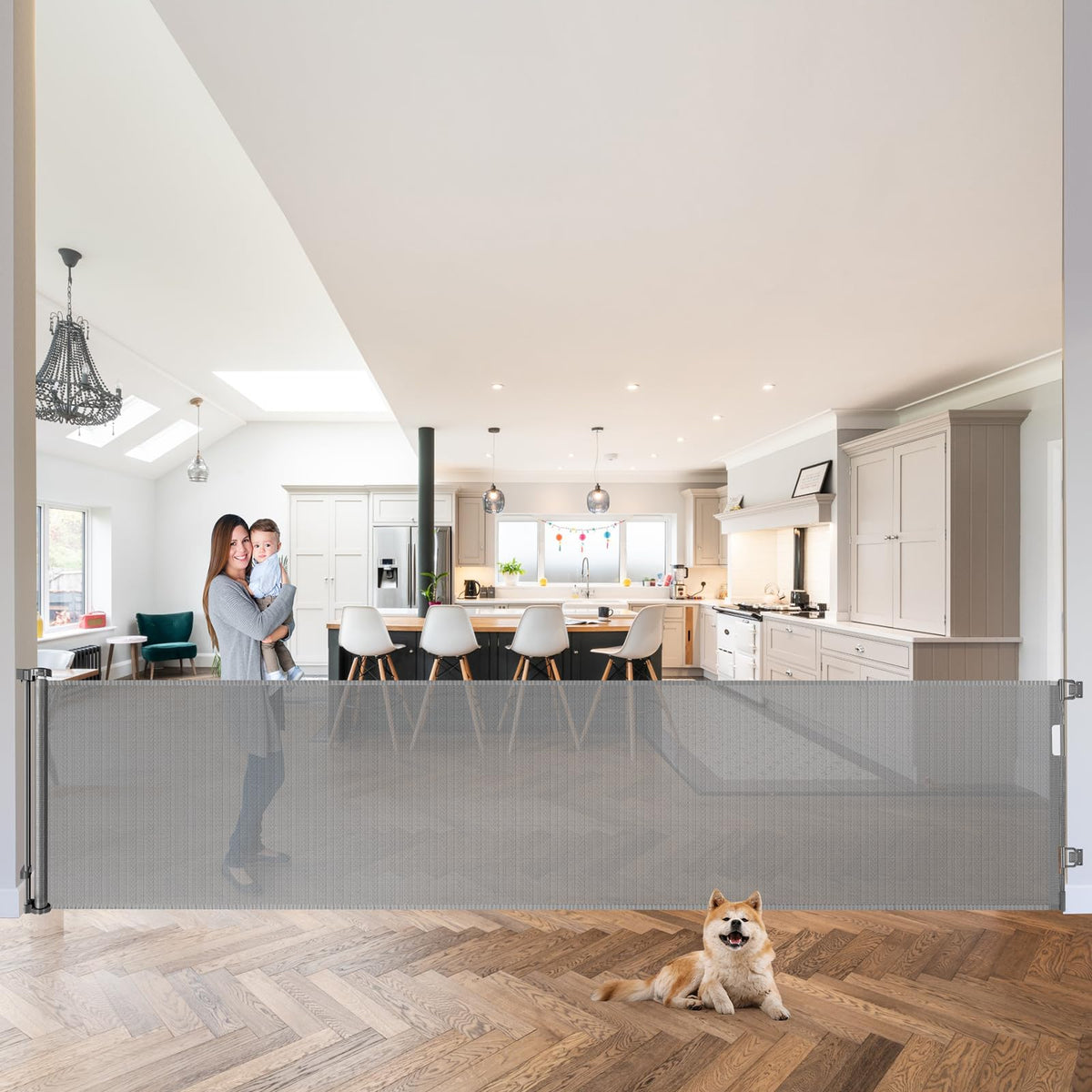 WOMHOM 120-inch extra-wide gate extended for large openings, smooth protection for kids and pets.