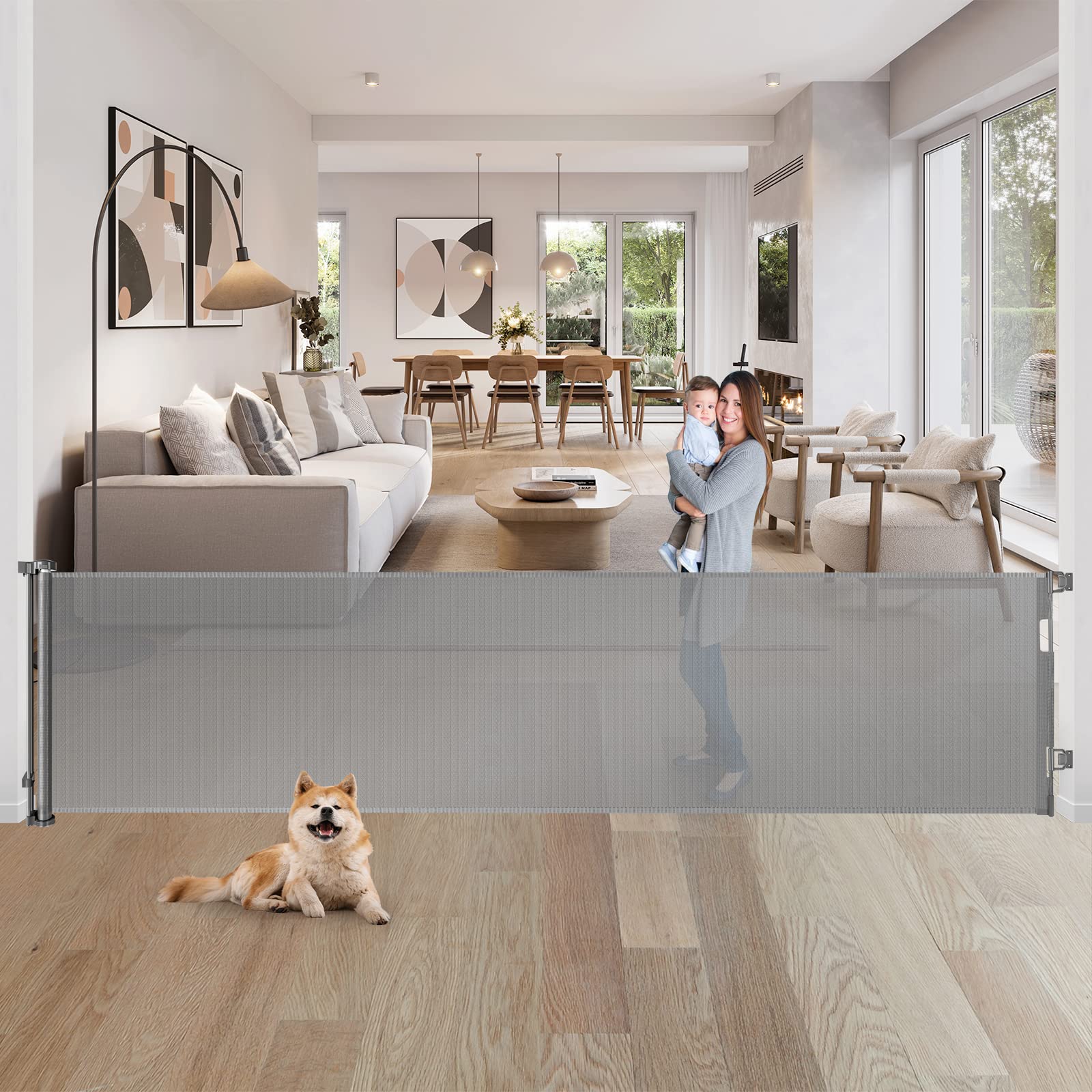 WOMHOM 80-inch wide gate extended to fit large openings, keeps kids and pets safe.