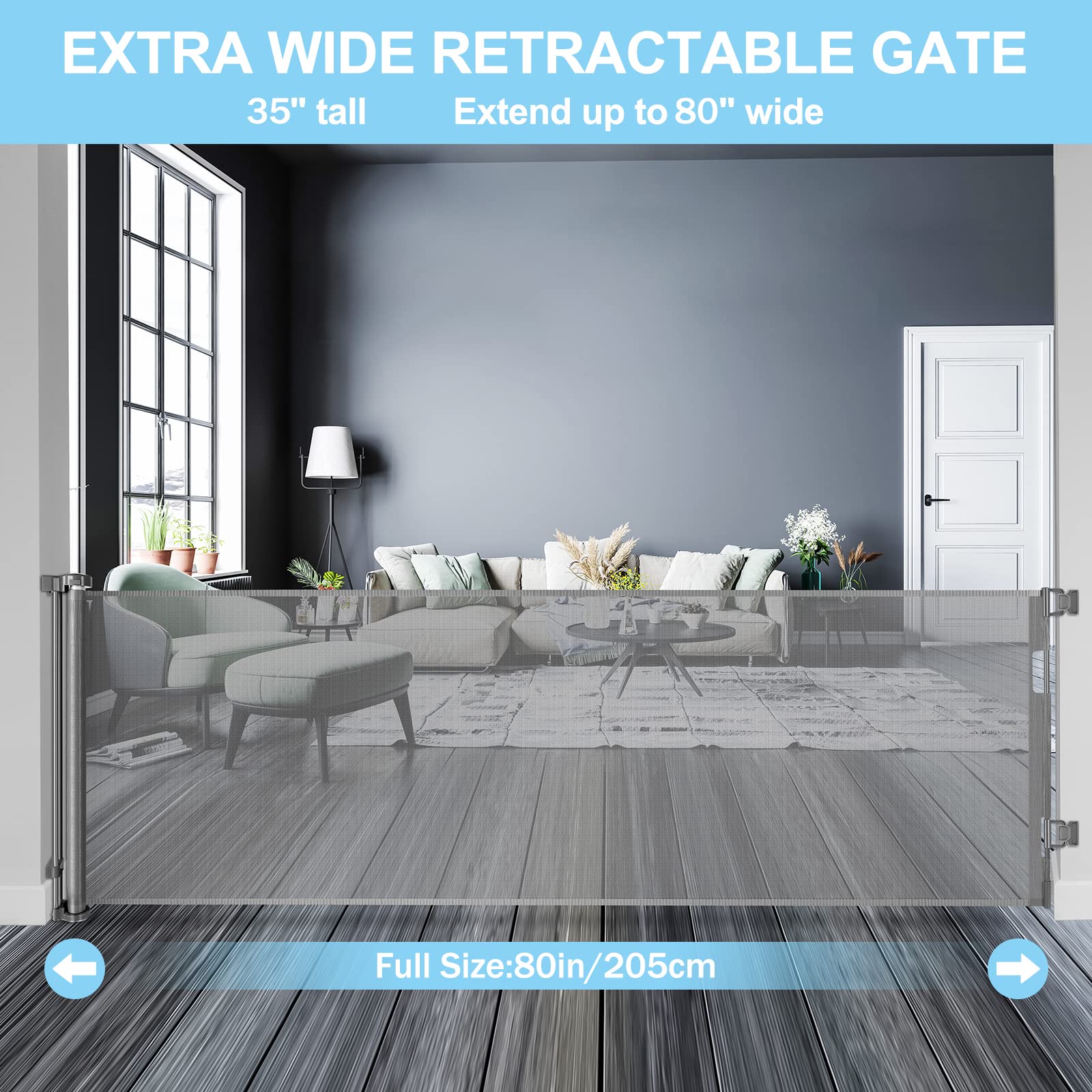 WOMHOM retractable-mesh gate rolled up to save space and ease guest passage.