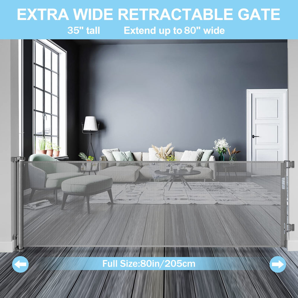 WOMHOM retractable-mesh gate rolled up to save space and ease guest passage.