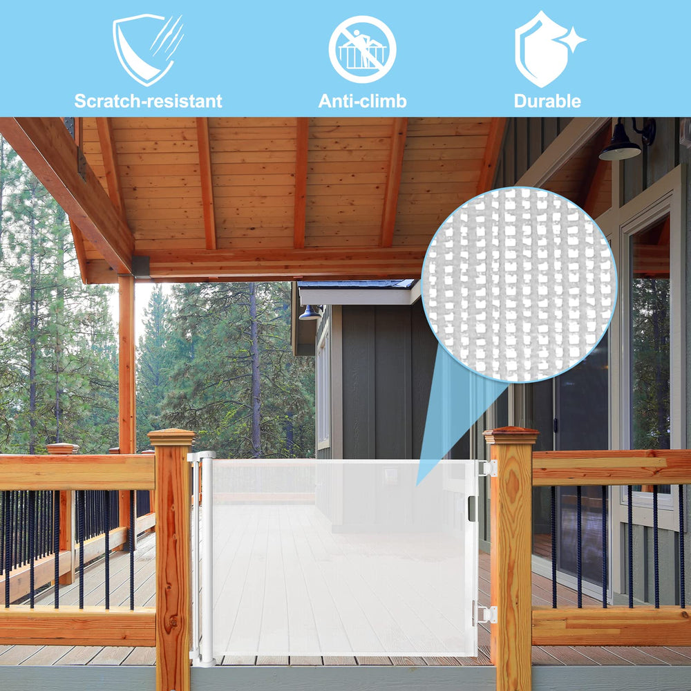 WOMHOM retractable gate rolled to side, saving space when not in use.