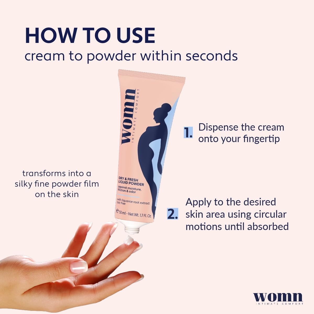 Womn Intimate Comfort guides application on delicate areas for targeted moisture management.