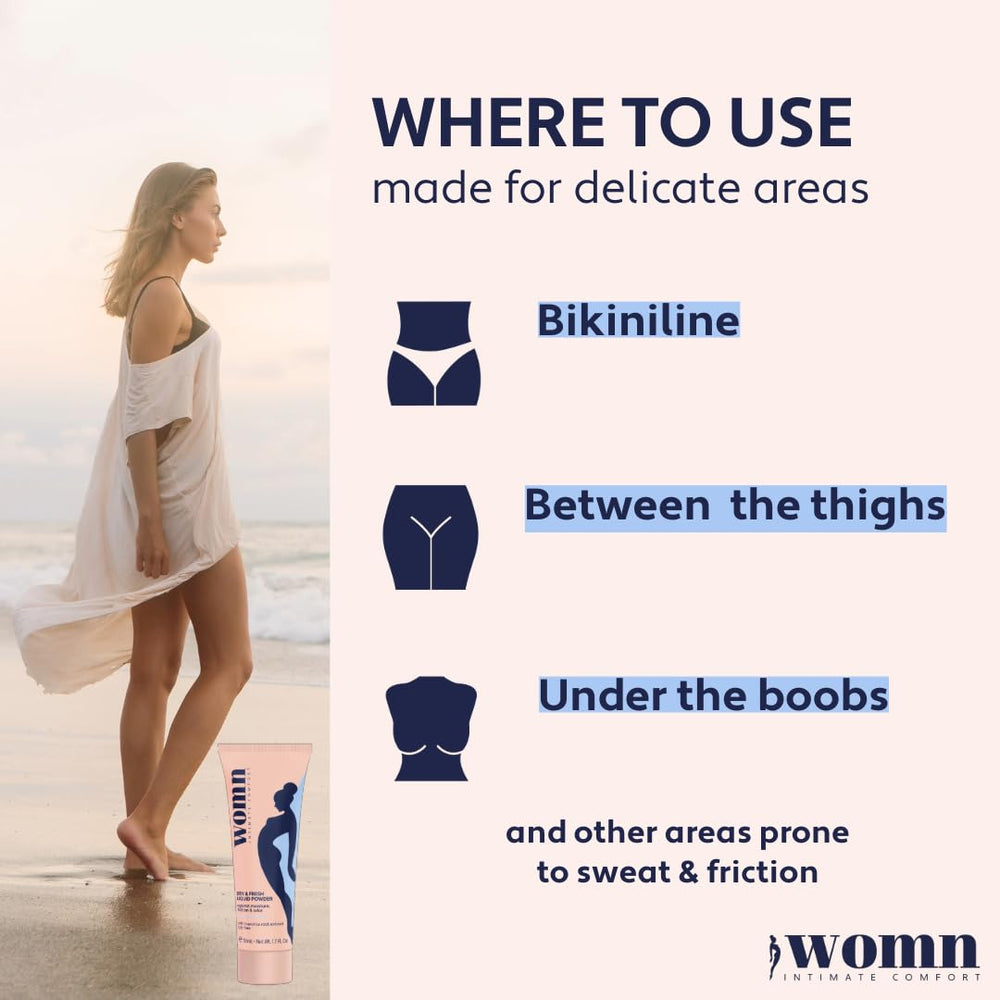 Womn Intimate Comfort tapioca starch base highlights natural origin for moisture absorption.