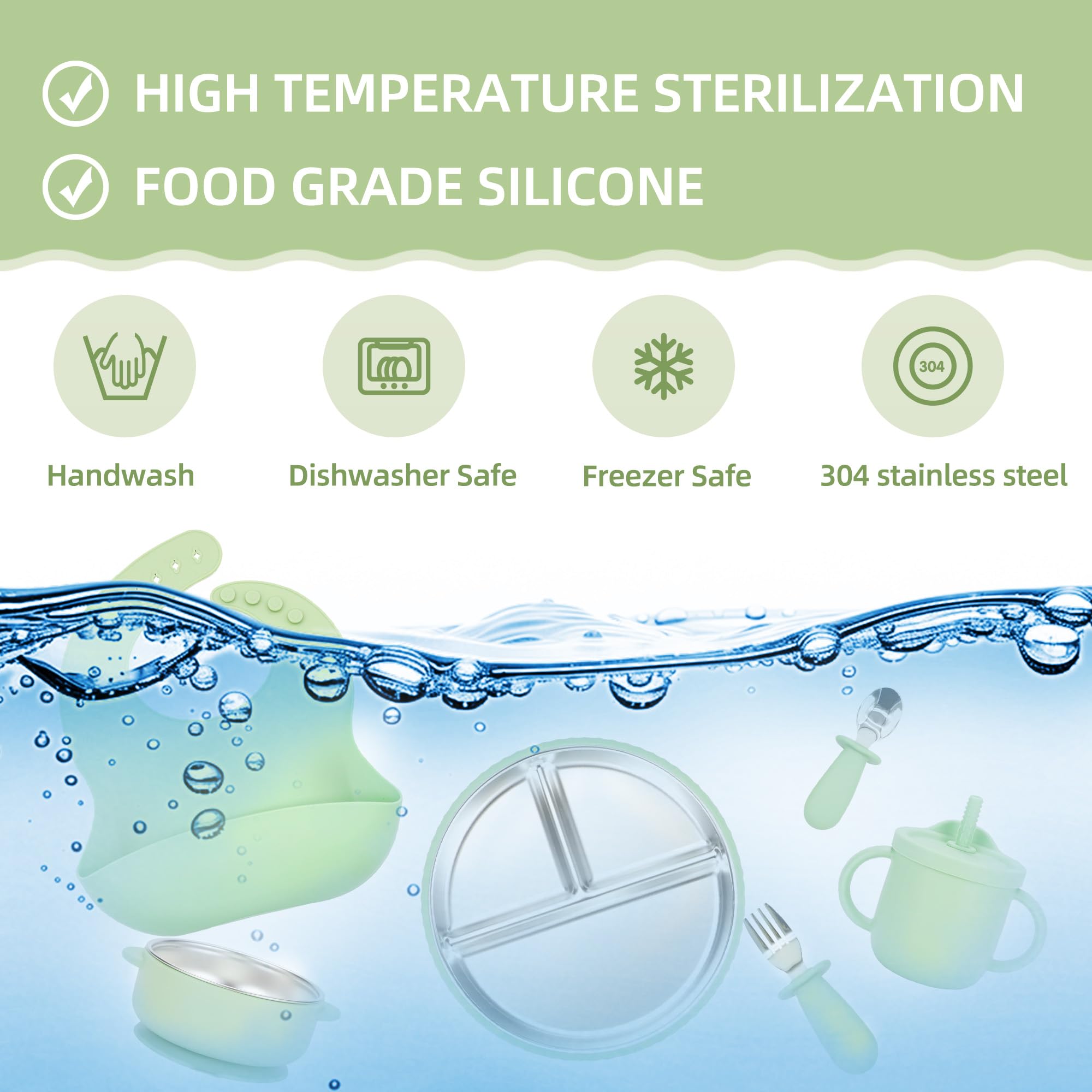 Womorista stainless steel suction plate, kid friendly design promotes self-feeding.