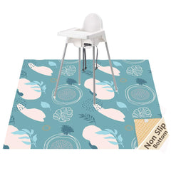 WOMUMON Splat Mat under high chair protects floors from spills during meals.