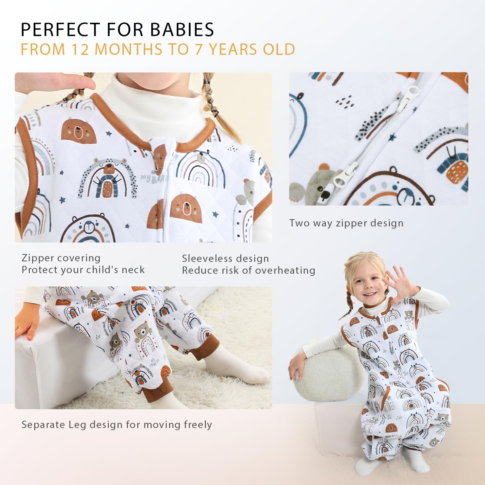 WONDAY sleep sack with 1.0 tog for year-round cotton comfort.