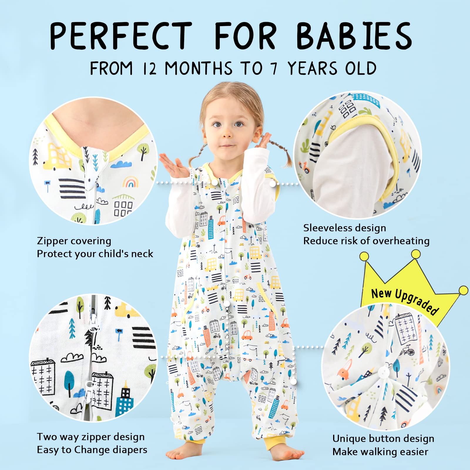 WONDAY sleep sack shows bottom two-way zipper for quick diaper changes