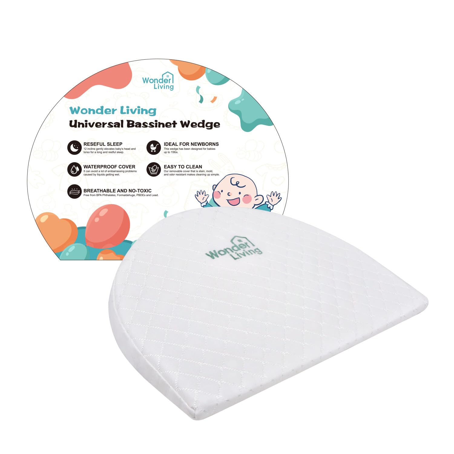 Wonder Living baby wedge pillow cover close-up showing waterproof surface and wipe-clean durability