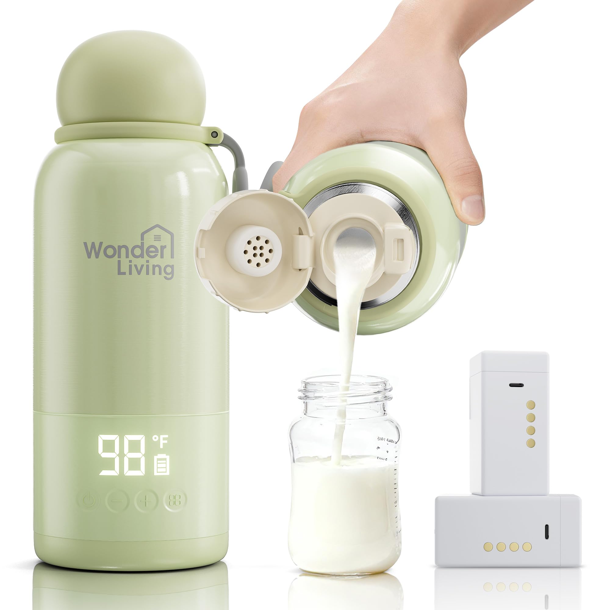 Wonder Living portable bottle warmer in cordless travel mode heats milk on the go.