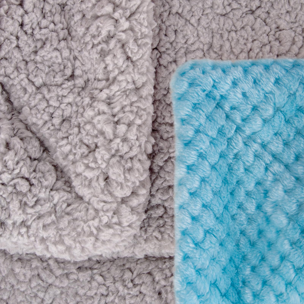 WONDER MIRACLE ice blue sherpa blanket doubles as baby swaddle option.