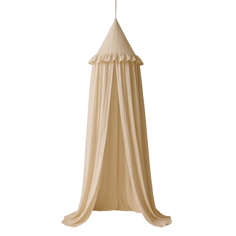 Wonder Space kids bed canopy with ruffles khaki over crib adding a cozy sleep space.