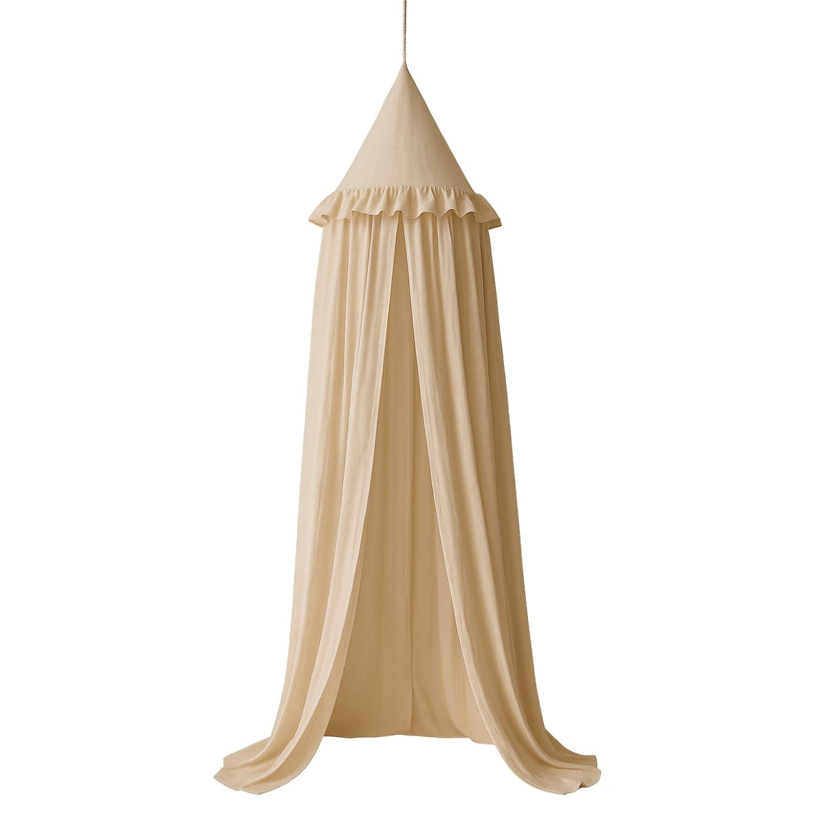 Wonder Space kids bed canopy with ruffles khaki over crib adding a cozy sleep space.