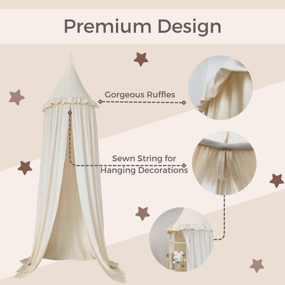 Wonder Space ivory canopy creates a dreamy reading nook for kids.