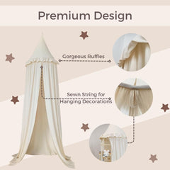 Wonder Space ivory canopy creates a dreamy reading nook for kids.