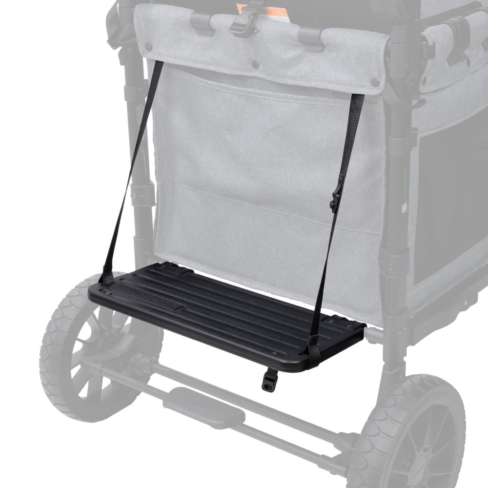 WonderFold Buddy Board back attachment shown on a W2 wagon for stand-up rides.