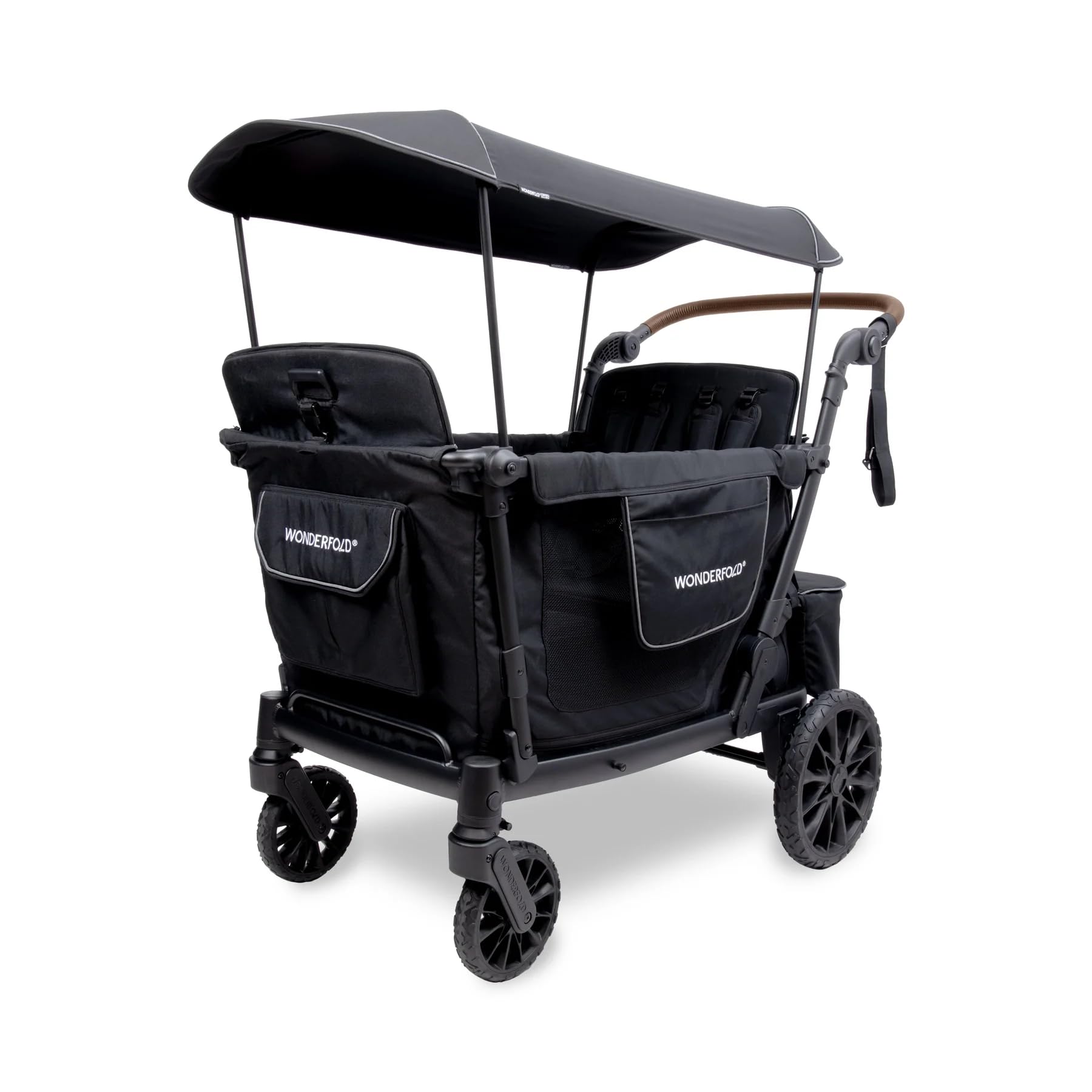 WonderFold Outdoor L4 Quad Stroller Wagon folded for compact storage and transport.