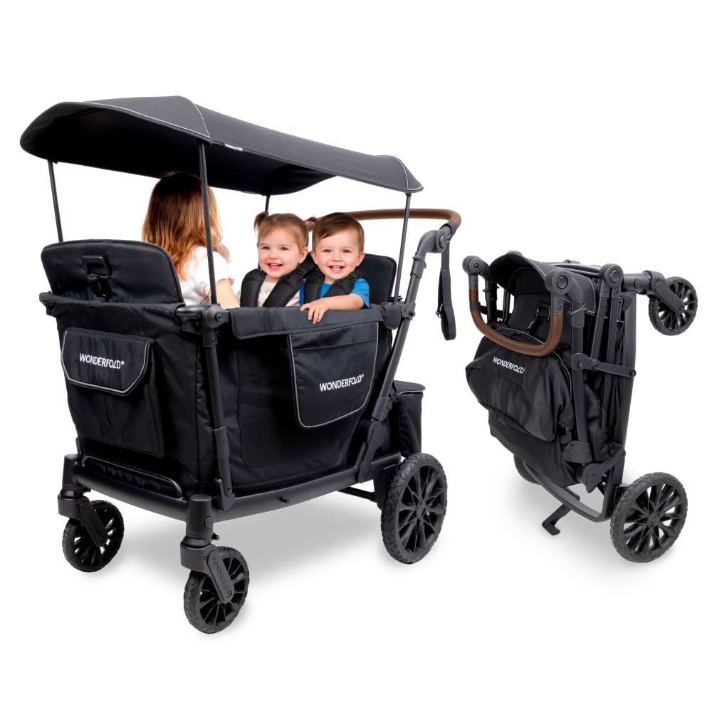 WonderFold L4 Quad Stroller Wagon side-entry door opens for easy child access.