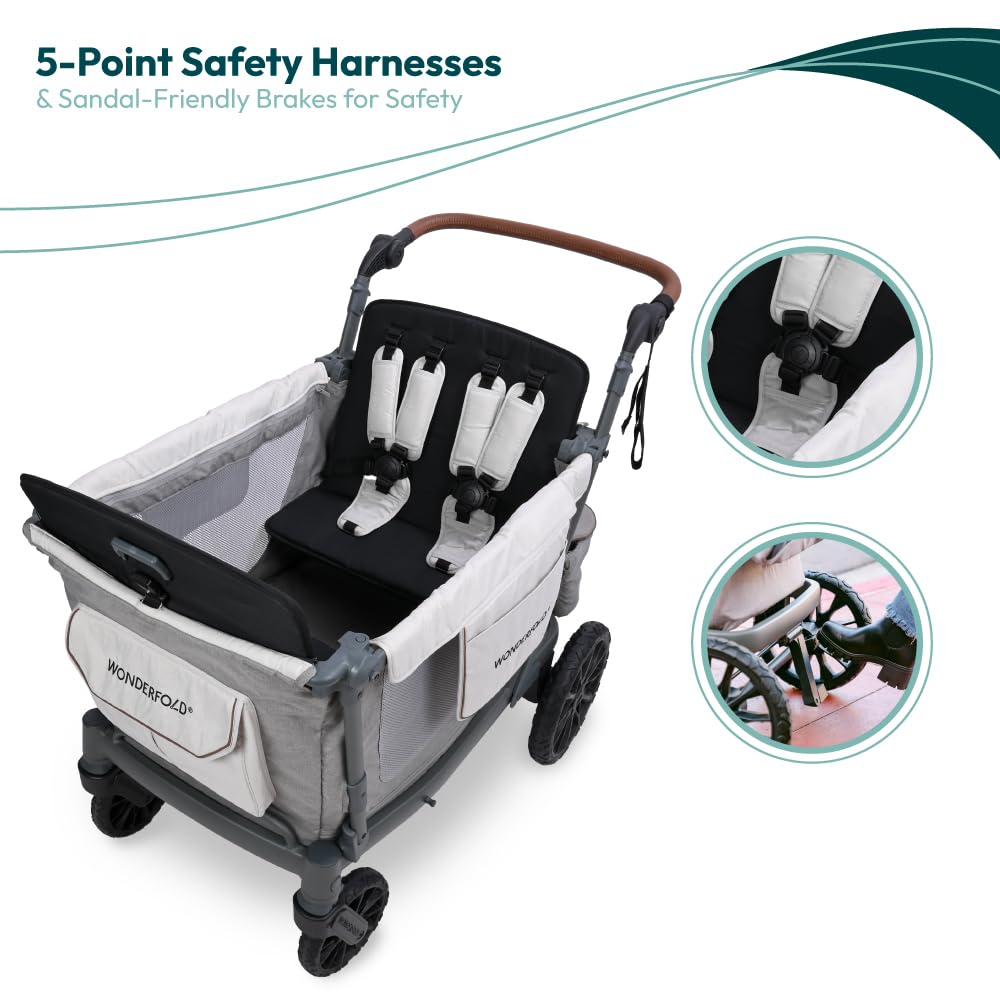 Large storage pockets hold snacks and toys within reach.