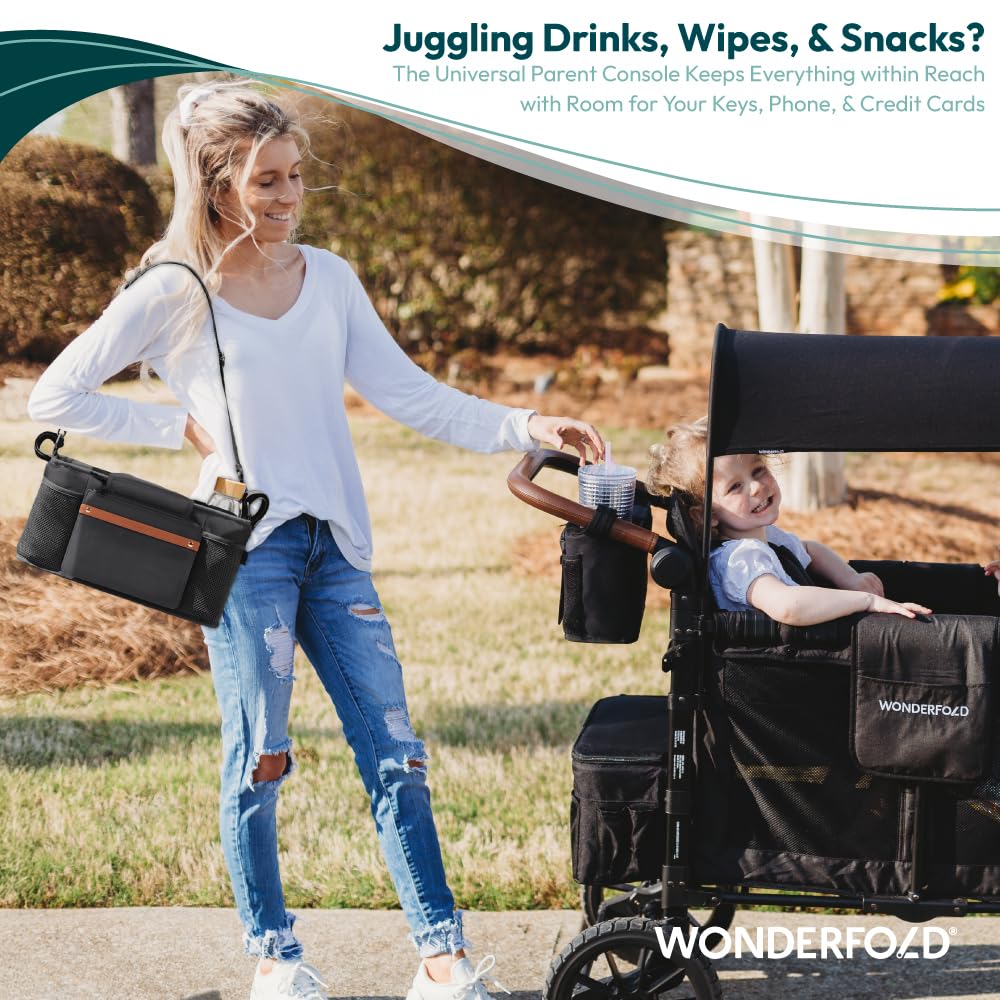 WonderFold Outdoor parent console with hook-and-loop attachment for quick stroller setup.