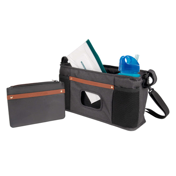 WonderFold Outdoor parent console with insulated cup holders for on-the-go drinks.