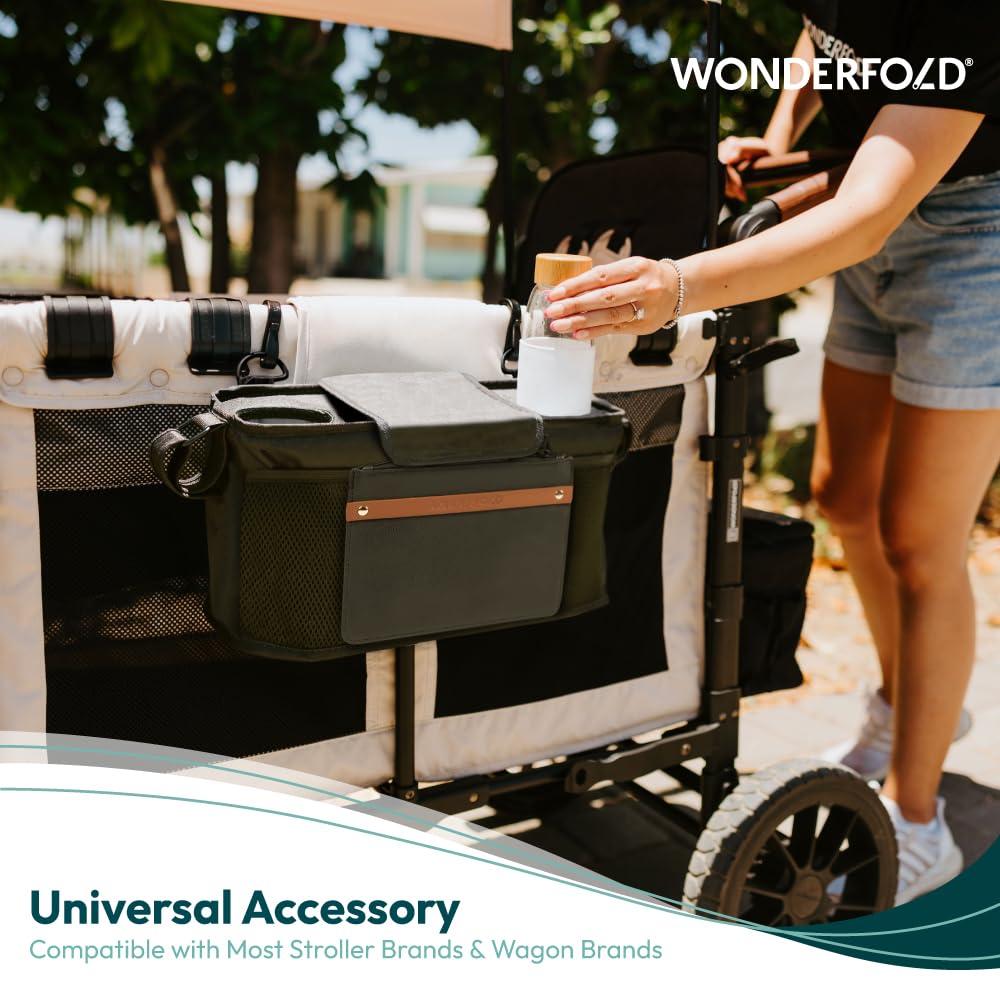 WonderFold Outdoor parent console storage cover secures belongings while you move.