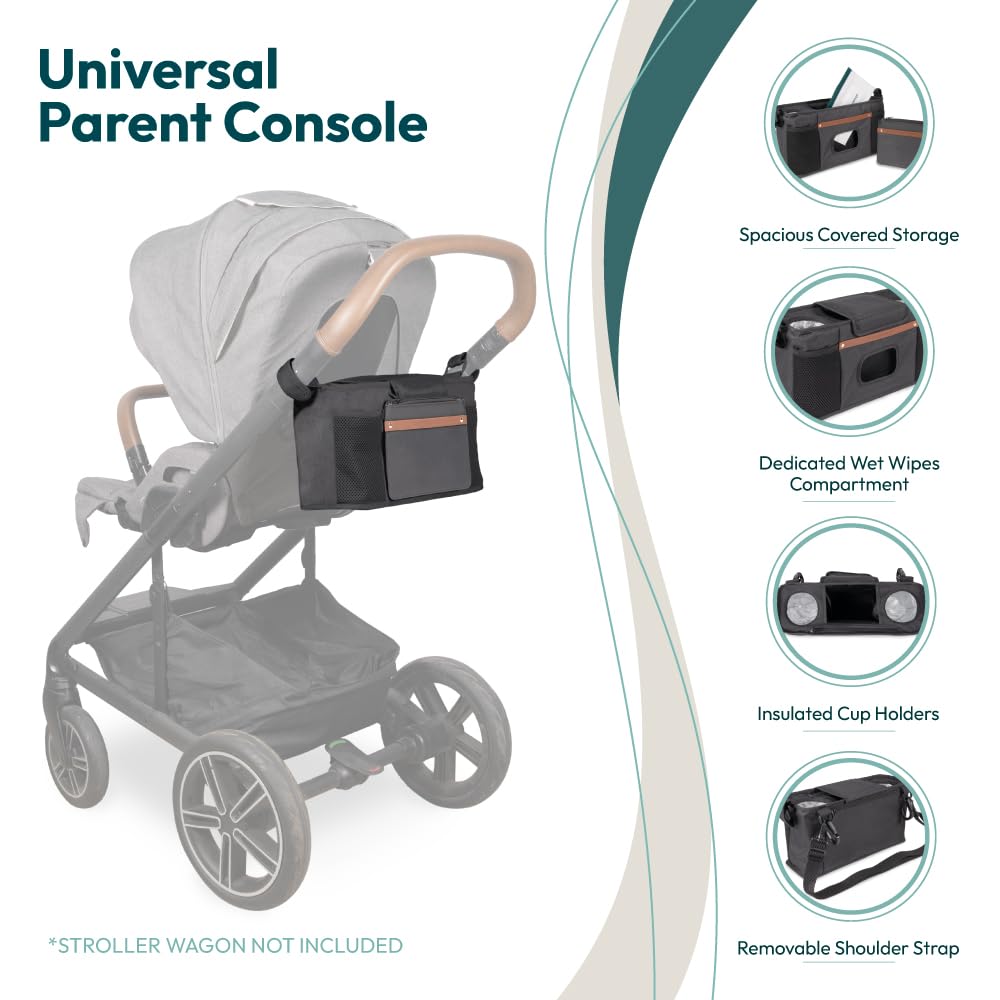 WonderFold Outdoor parent console storage pockets keep baby essentials within reach.