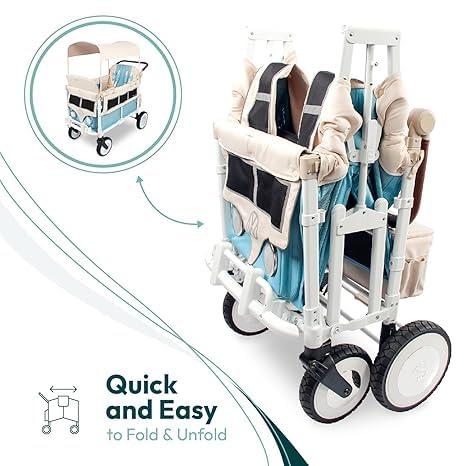 WonderFold VW Stroller Wagon includes VW bumper and functioning headlights for style and visibility.