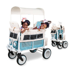 WonderFold VW Double Stroller Wagon front view with bumper and dual seats for family outings.