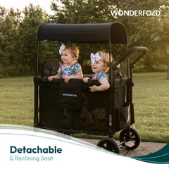 WonderFold W2 Luxe magnetic buckle 5-point harness keeps young riders secure.