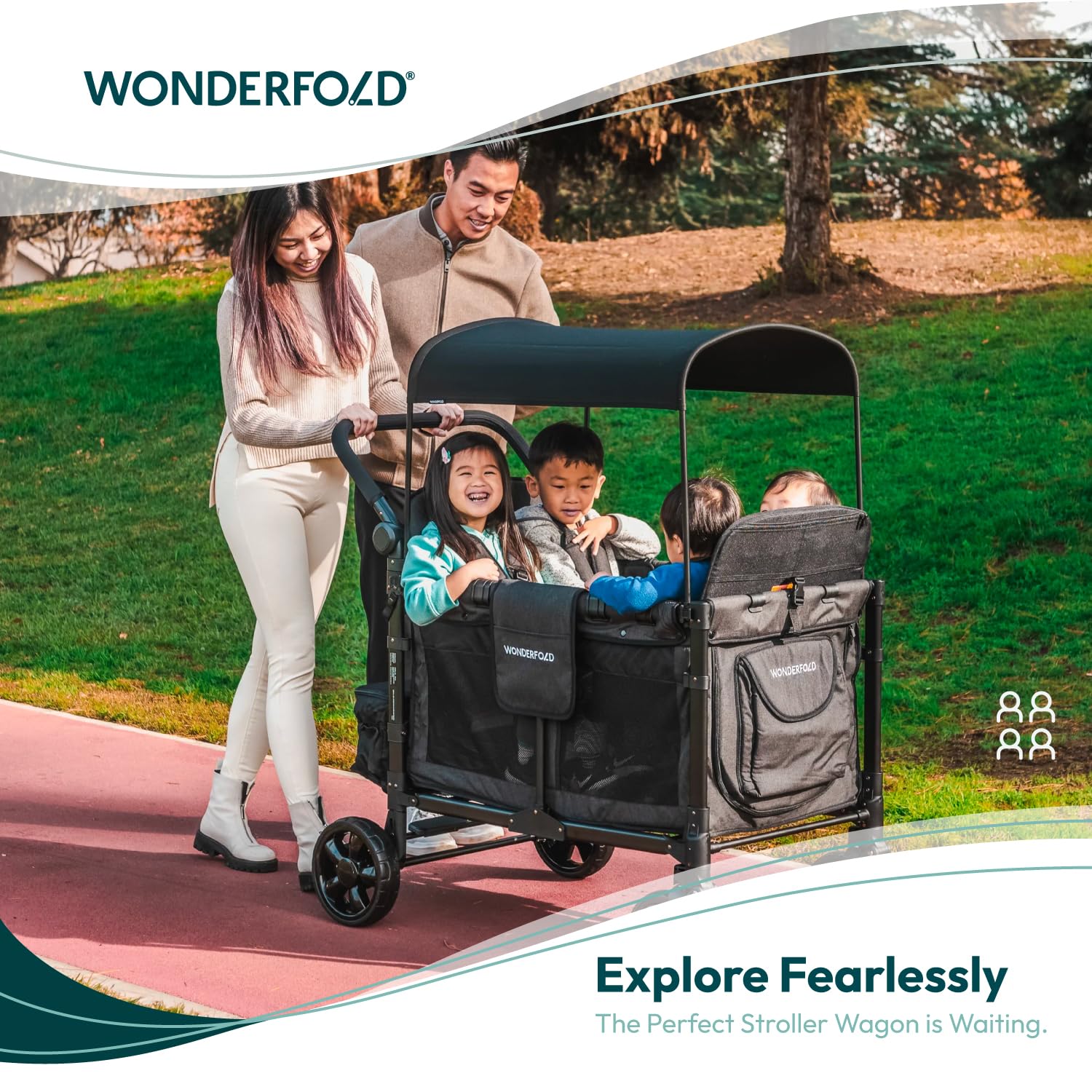 WonderFold W4 Elite side view with canopy demonstrates shaded comfort on sunny excursions