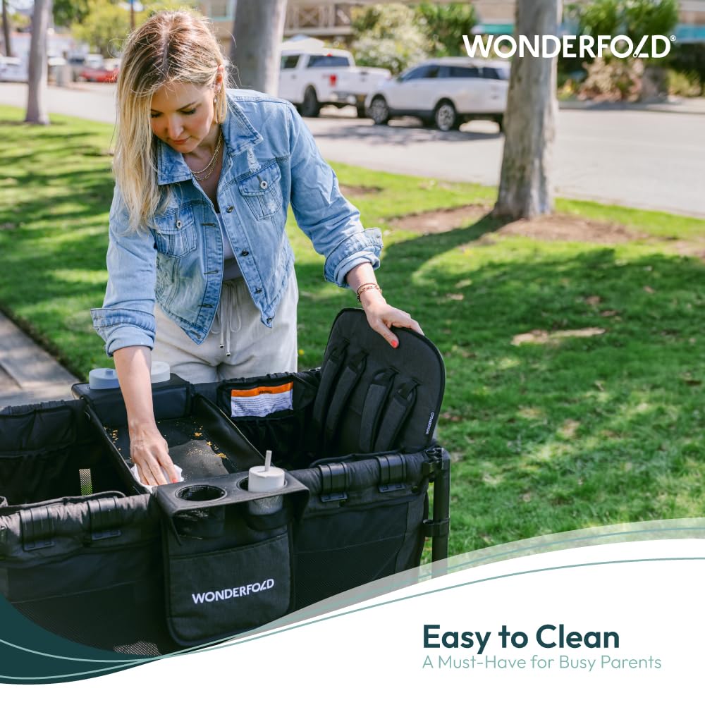 WonderFold W4 Flex Snack Tray wipes clean after meals and snacks.