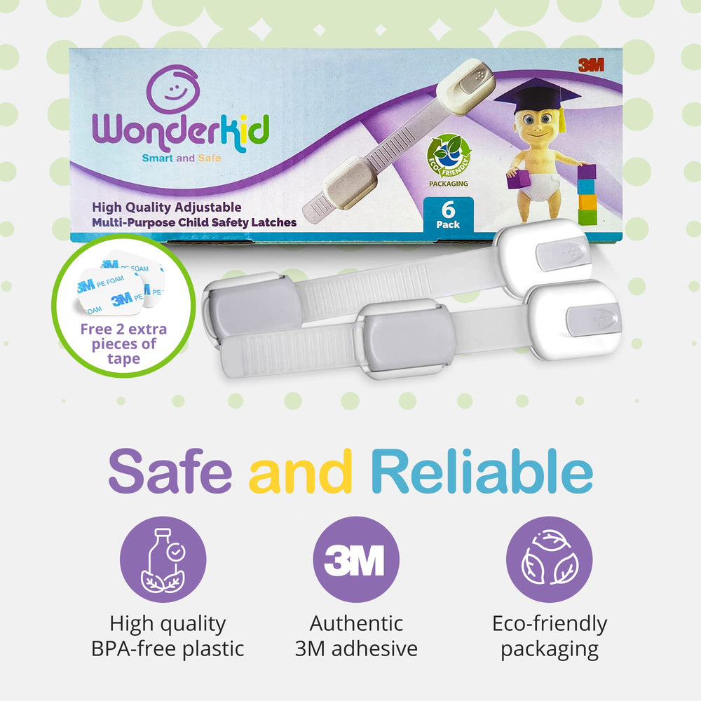Wonderkid adhesive pad cabinet latches install easily for one-handed access.