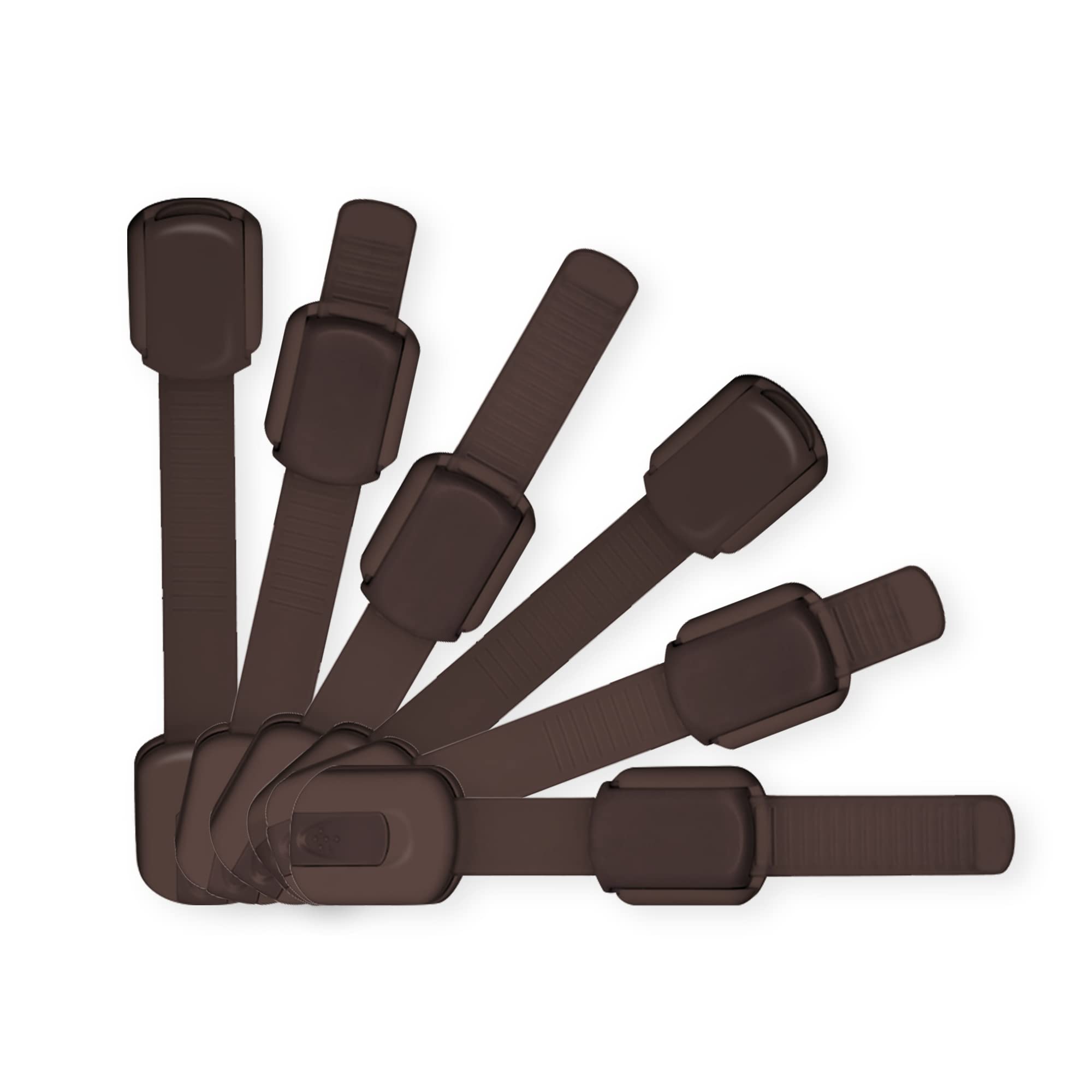 Wonderkid adjustable cabinet lock on brown cabinet, designed for easy one-handed use.